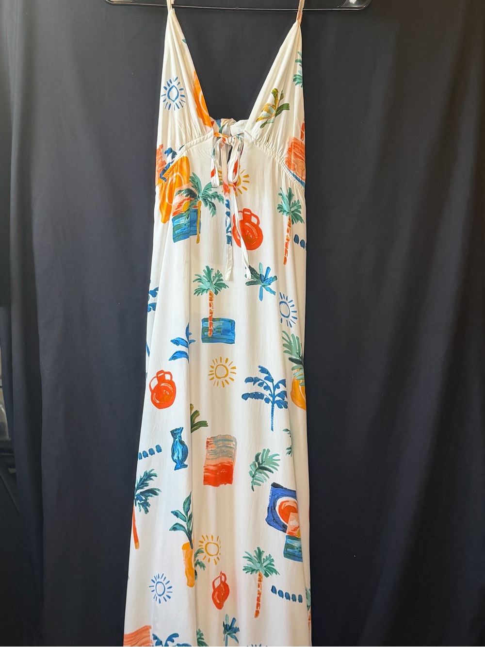 Tropical Print White Maxi Slip Dress with Tie Front